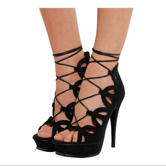 Saint Laurent Black Tribute Ghillie Suede Lace Up Sandals Heels Size 36 - Picture 2 of 16
